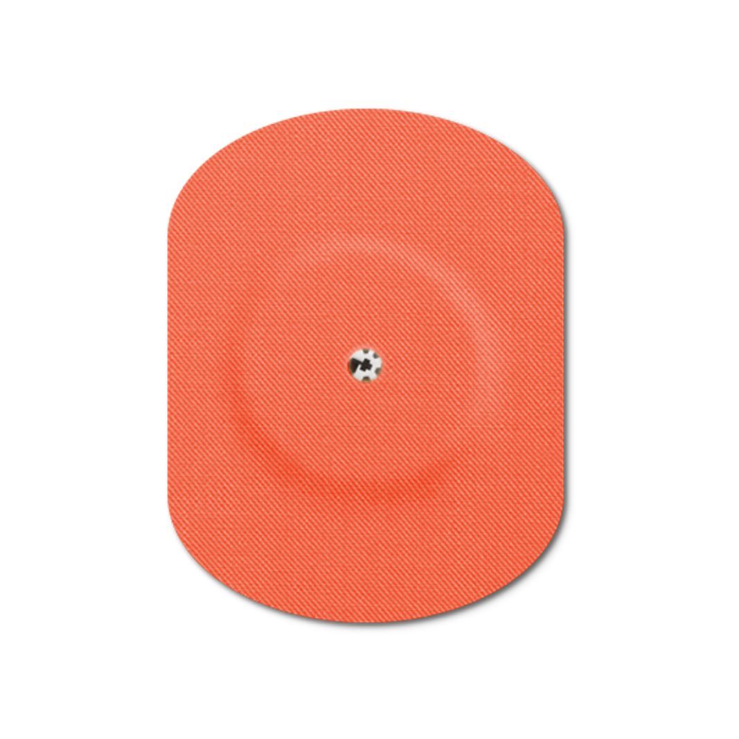 Cerotto arancione con foro di ventilazione. Superficie scanalata. Design ovale con angoli arrotondati.
