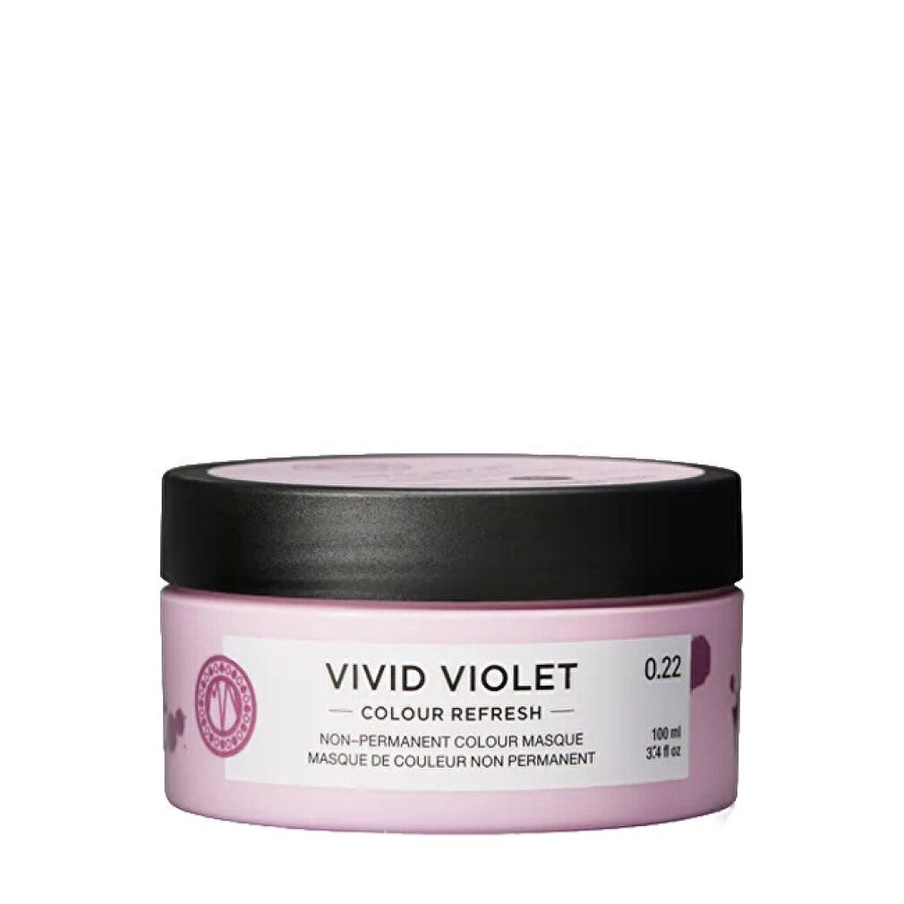 Contenitore rotondo con coperchio nero. Etichetta: Vivid Violet, 0.22. Marchio: Maria Nila.