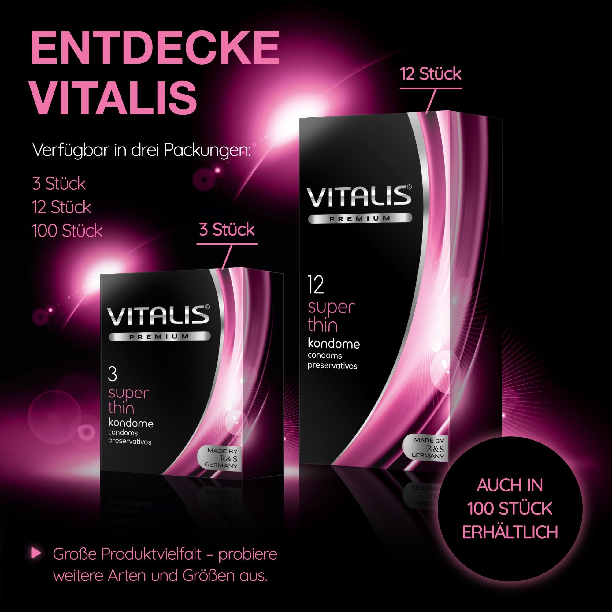 Confezioni di preservativi Vitalis: 3 pezzi, 12 pezzi, 100 pezzi. Vitalis PREMIUM Super Thin.