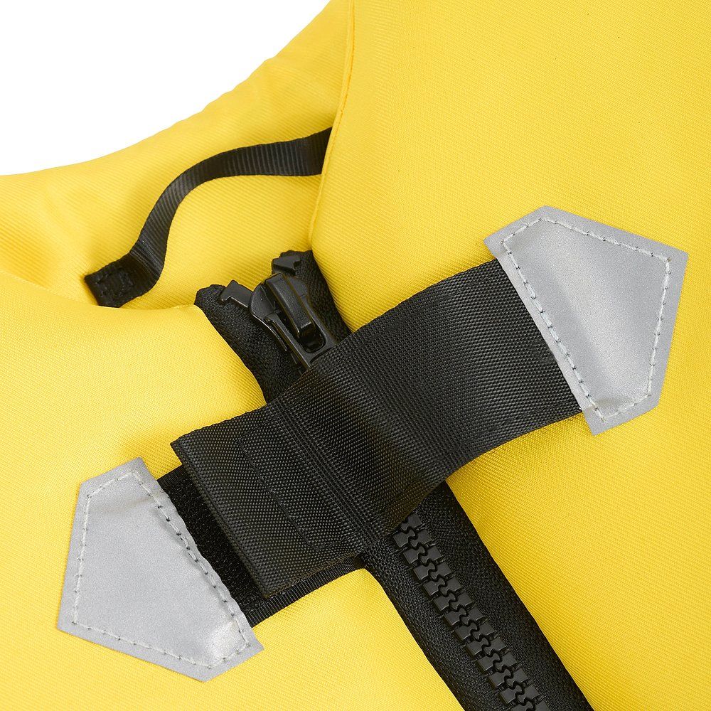 Gilet di salvataggio giallo con cerniera e cinghie nere.