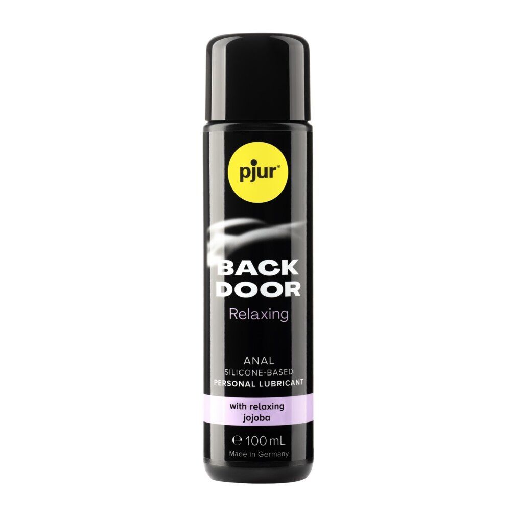 Flacone nero con logo giallo. Scritta: BACK DOOR Relaxing, ANAL, SILICONE-BASED, PERSONAL LUBRICANT. Con jojoba.