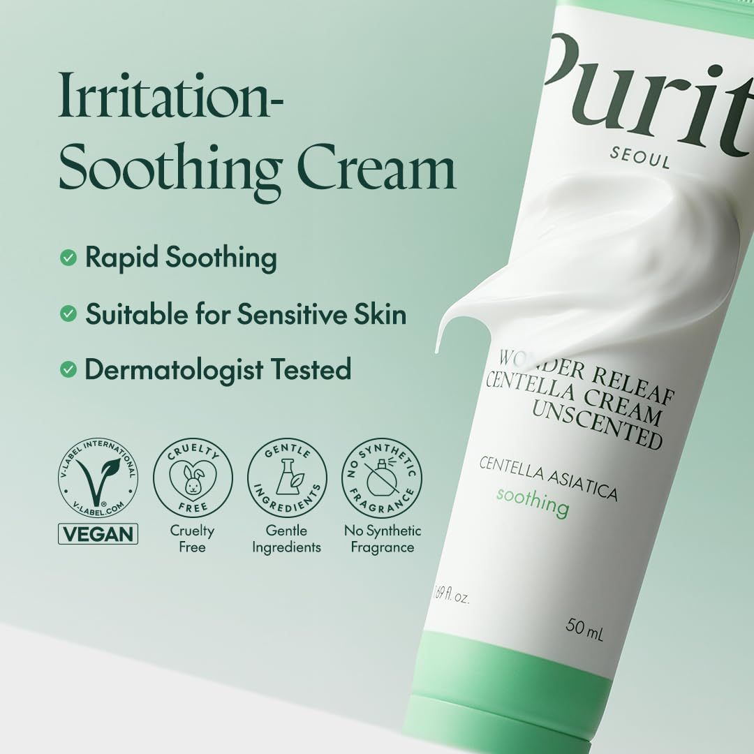 Primo piano di un tubetto di crema con tappo verde. Sono visibili i sigilli Vegan, Cruelty-Free e Gentle Ingredients. Testo: Irritation-Soothing Cream.