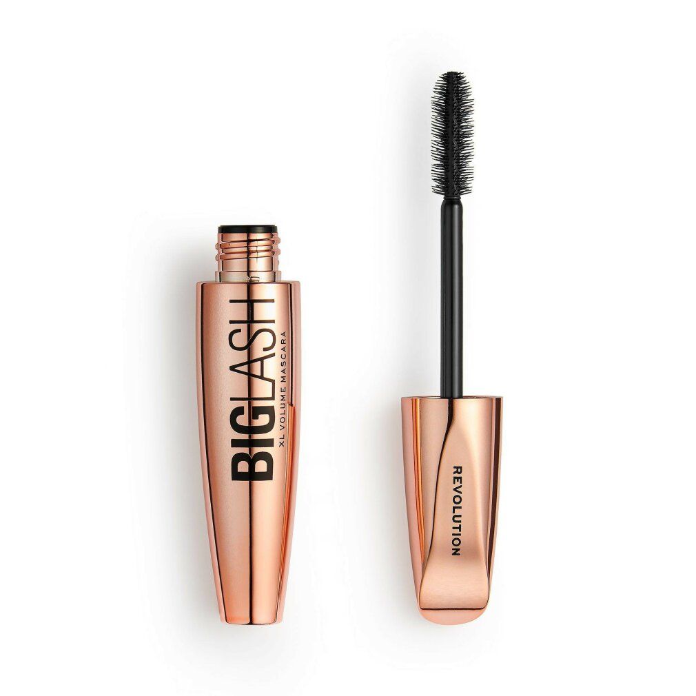 Tubo di mascara aperto, oro rosa, con spazzola nera. Scritta: BIG LASH XL VOLUME MASCARA. Marchio: REVOLUTION.