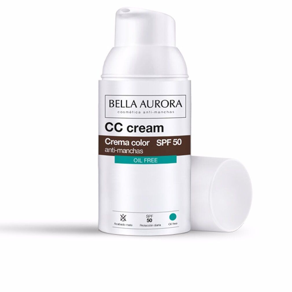 Flacone bianco CC cream SPF 50, tappo accanto. Testo: Bella Aurora, CC cream, oil free.