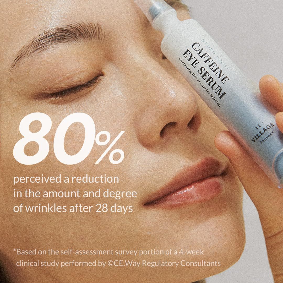 Primo piano di un viso. Testo: Riduzione percepita dell'80% delle rughe dopo 28 giorni. Flacone del prodotto sullo sfondo.