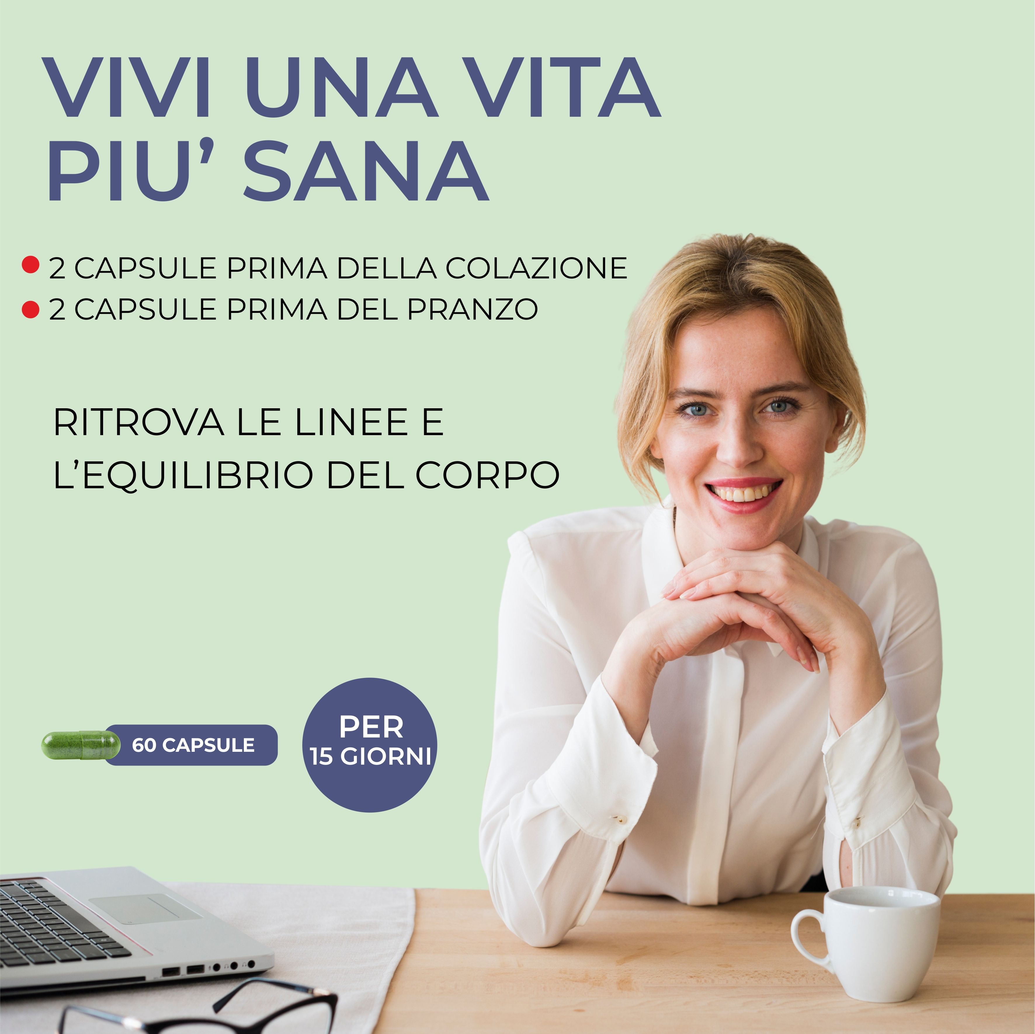 Donna sorridente. Testo: 2 capsule prima colazione, 2 capsule prima pranzo. 60 capsule. Per 15 giorni.
