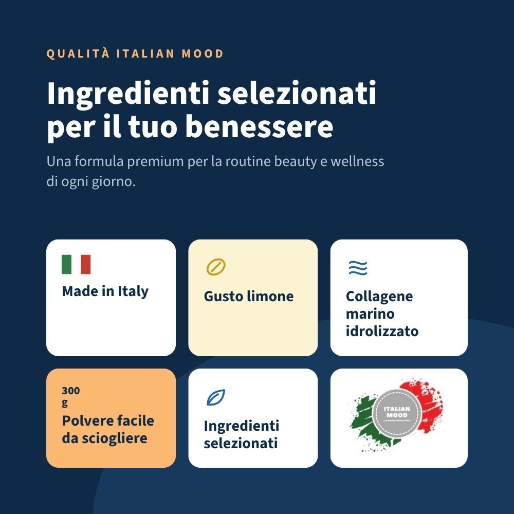 Ingredienti selezionati per il tuo benessere: Made in Italy, gusto limone, collagene marino idrolizzato, polvere da 300g.