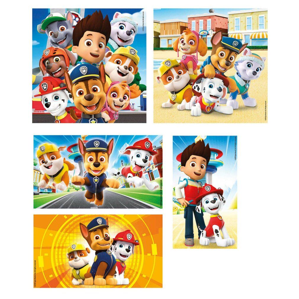 Cinque puzzle con personaggi di Paw Patrol. Diversi motivi con i personaggi. Sfondi gialli, blu e arancioni.
