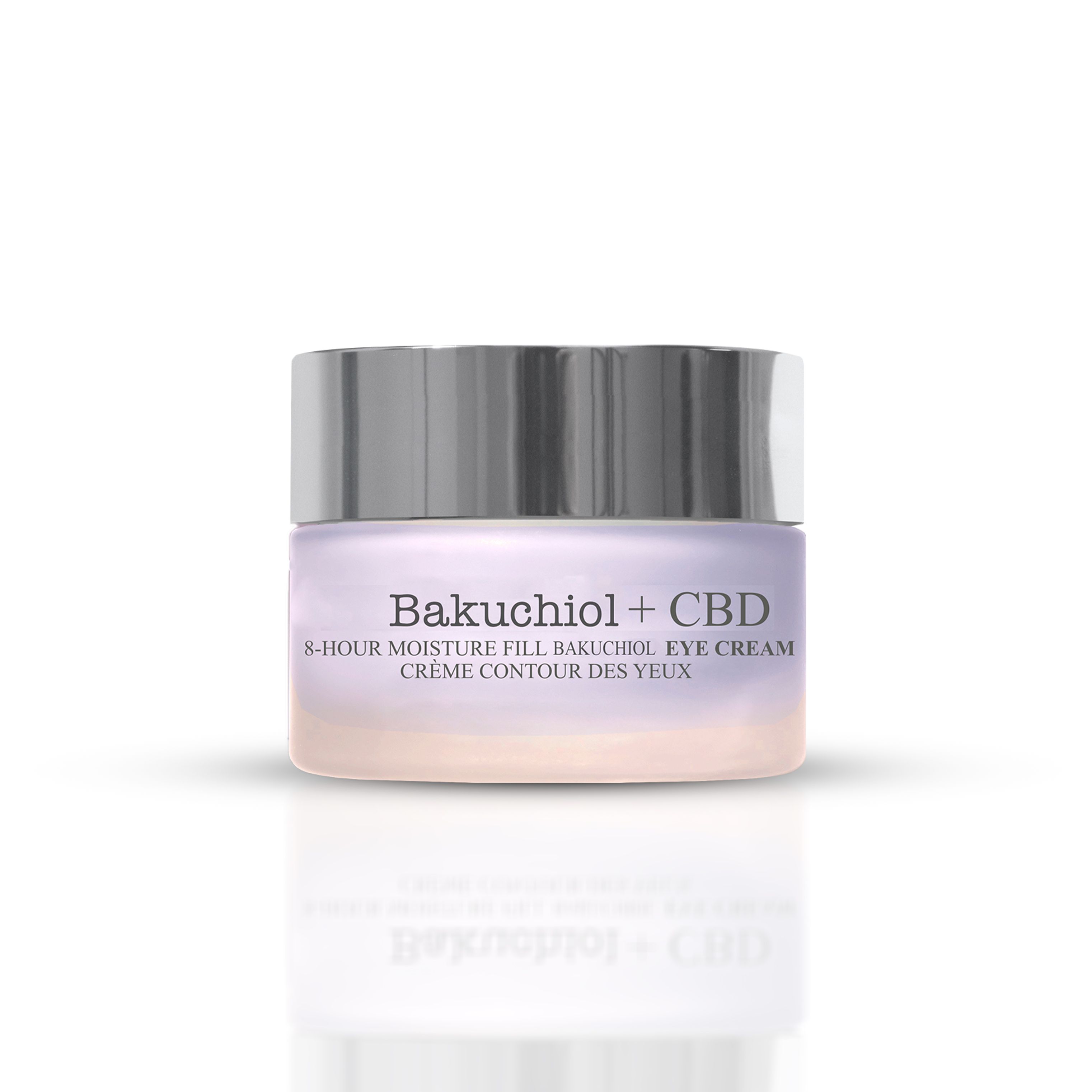Vasetto di crema per occhi con coperchio argentato. Scritta: Bakuchiol + CBD, 8-Hour Moisture Fill Bakuchiol Eye Cream, Crème Contour des Yeux.