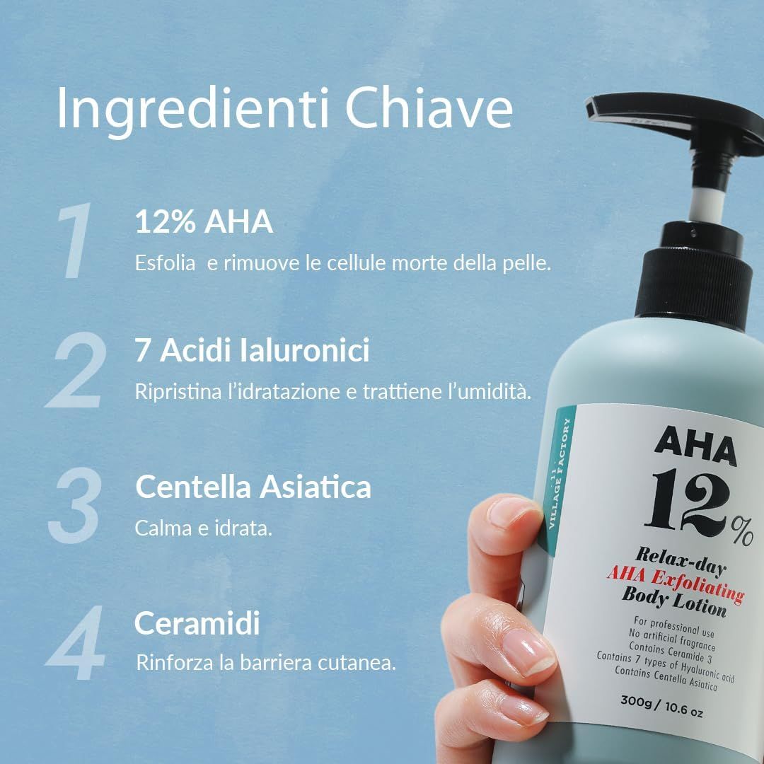 Mano che tiene il flacone di lozione corpo AHA 12% Relax-day. Ingredienti chiave: 12% AHA, acido ialuronico, Centella Asiatica, ceramidi.