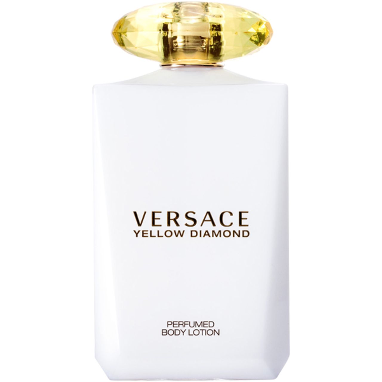 Flacone bianco, tappo giallo. Scritta: Versace Yellow Diamond. Lozione corpo profumata.