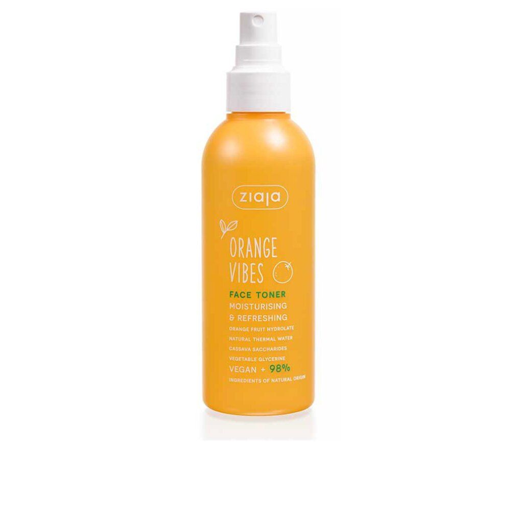 Flacone arancione con erogatore bianco. Scritta "ziaja", "ORANGE VIBES" e "FACE TONER".