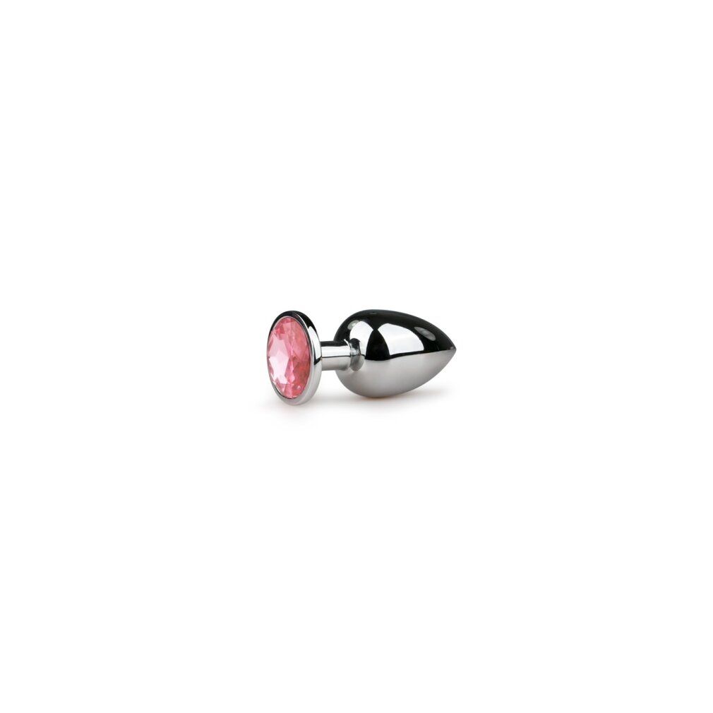 Plug anale in metallo con pietra rosa. Superficie lucida, forma conica. Pietra rosa all'estremità.