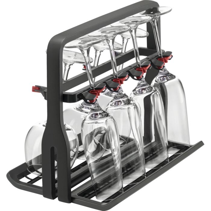 Cestino portabicchieri grigio scuro. Supporto per calici. Supporti rossi. Forma rettangolare con manico.