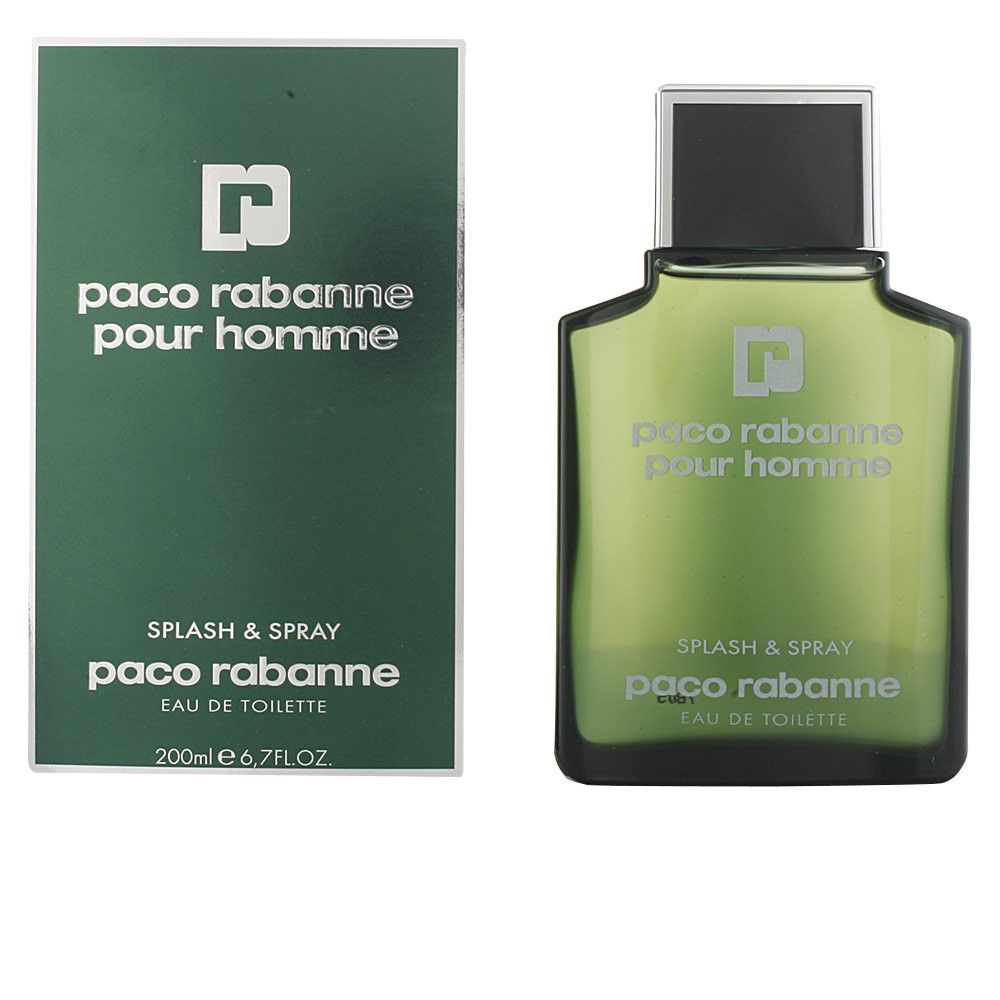 Paco Rabanne Pour Homme Eau de Toilette, flacone e confezione. Verde, angolare, logo e testo bianchi.