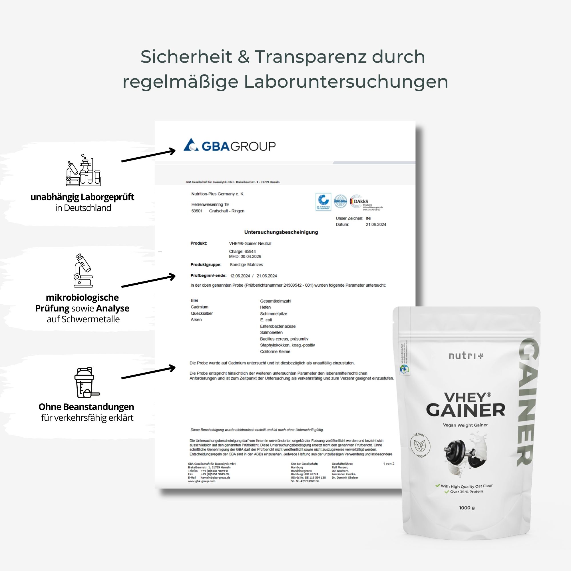 Documenti di certificazione e confezione del prodotto. Test di laboratorio indipendenti, test microbiologici, senza obiezioni. VHEY GAINER, 1000 g.