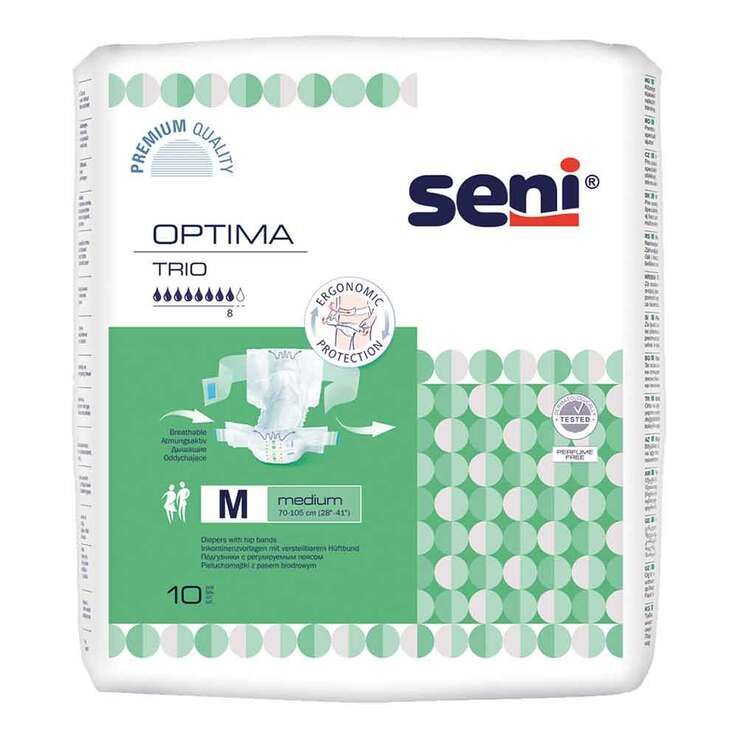 Confezione di pannolini Seni Optima Trio. Design bianco e verde. M, medium, 10 pezzi. Logo Seni. Protezione ergonomica.