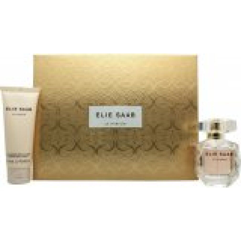 Set regalo Elie Saab Le Parfum con lozione e flacone di profumo, scatola dorata.