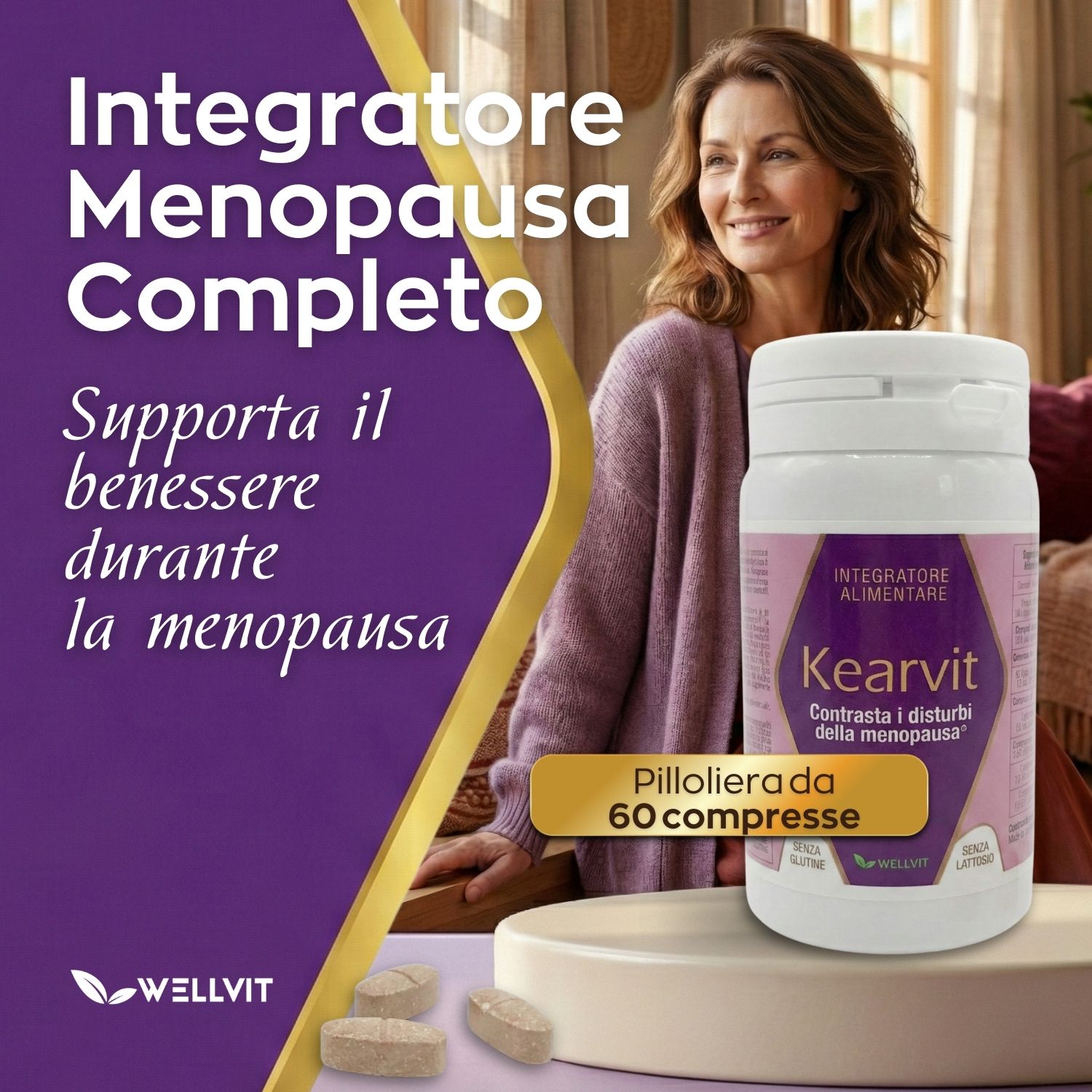 Donna con flacone di pillole. Scritta: Kearvit, Integratore alimentare. Testo: Integratore Menopausa Completo.