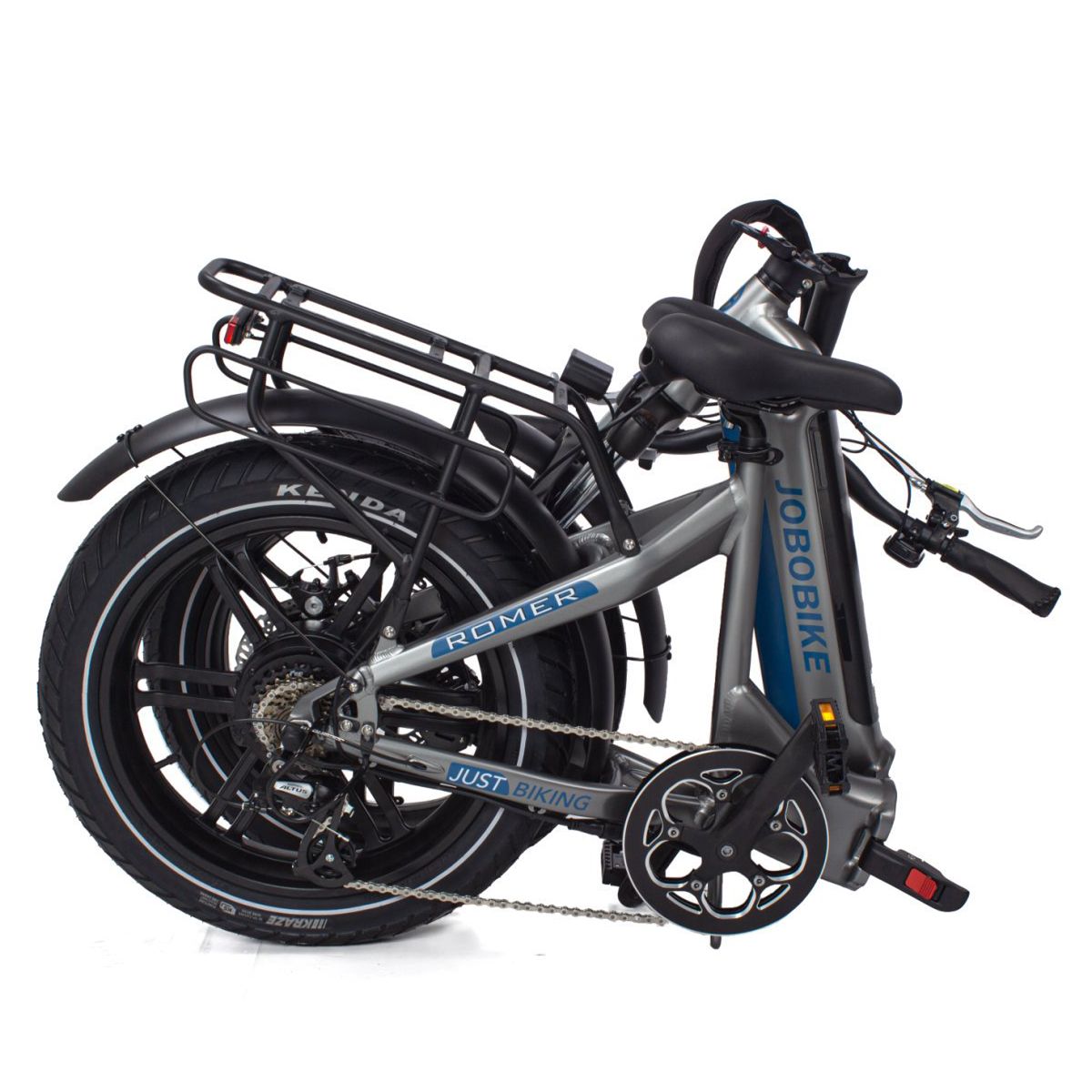 E-bike pieghevole, grigio-blu. Pneumatici neri, portapacchi. Loghi JOBOBIKE e JUST BIKING visibili.