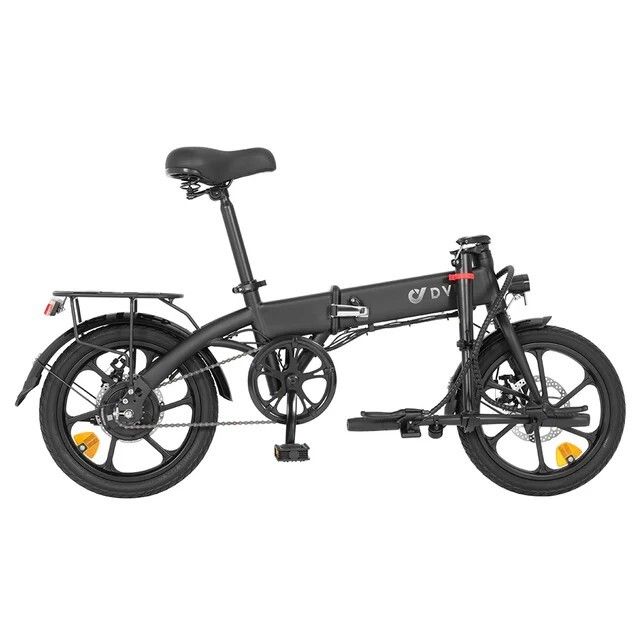 E-bike nera. Marchio DYU visibile. Ruote da 16 pollici, portapacchi, sella, manubrio, pedali e freni a disco. Piegato.