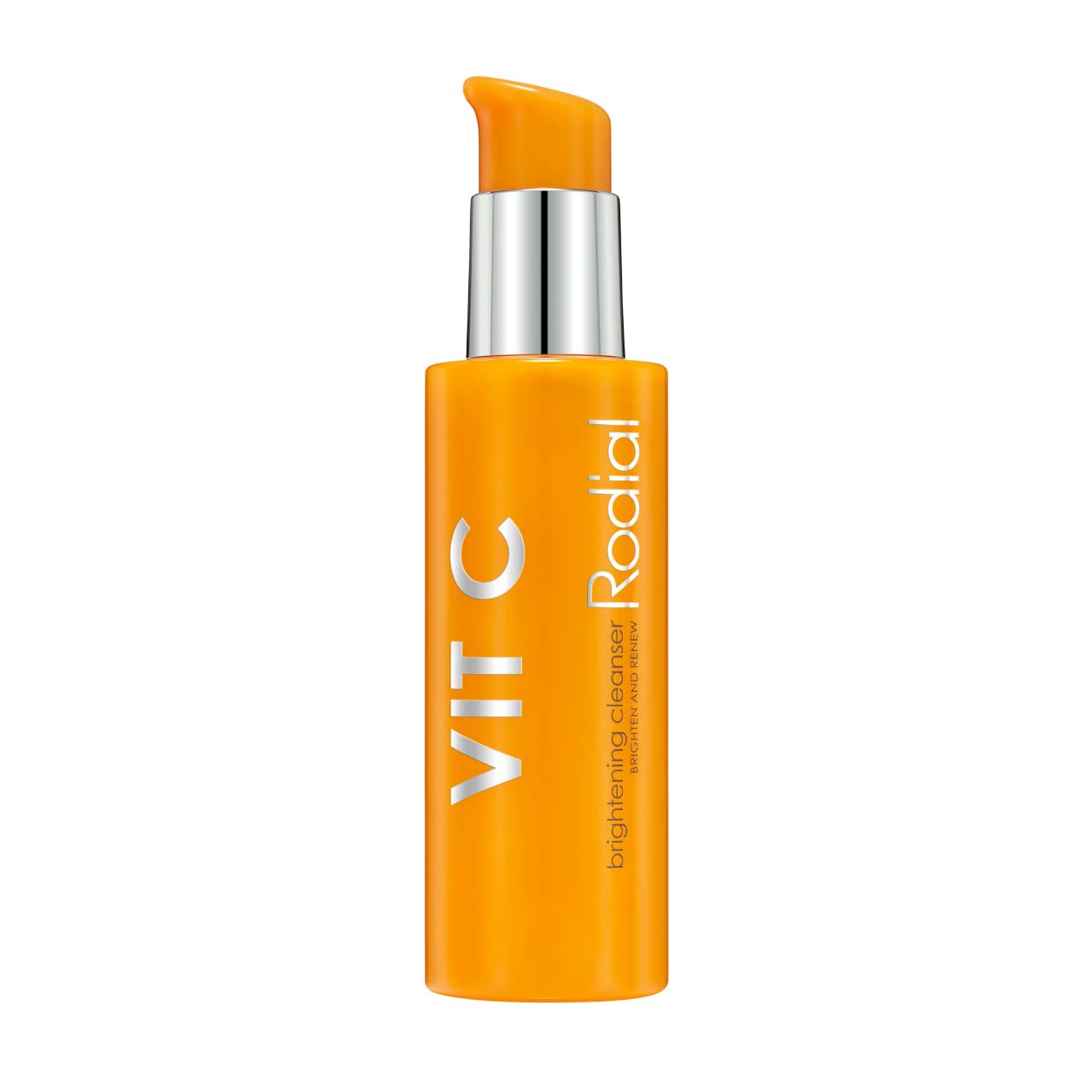 Flacone arancione con pompa argentata. Scritta: VIT C e Rodial. Nome prodotto: Brightening Cleanser.
