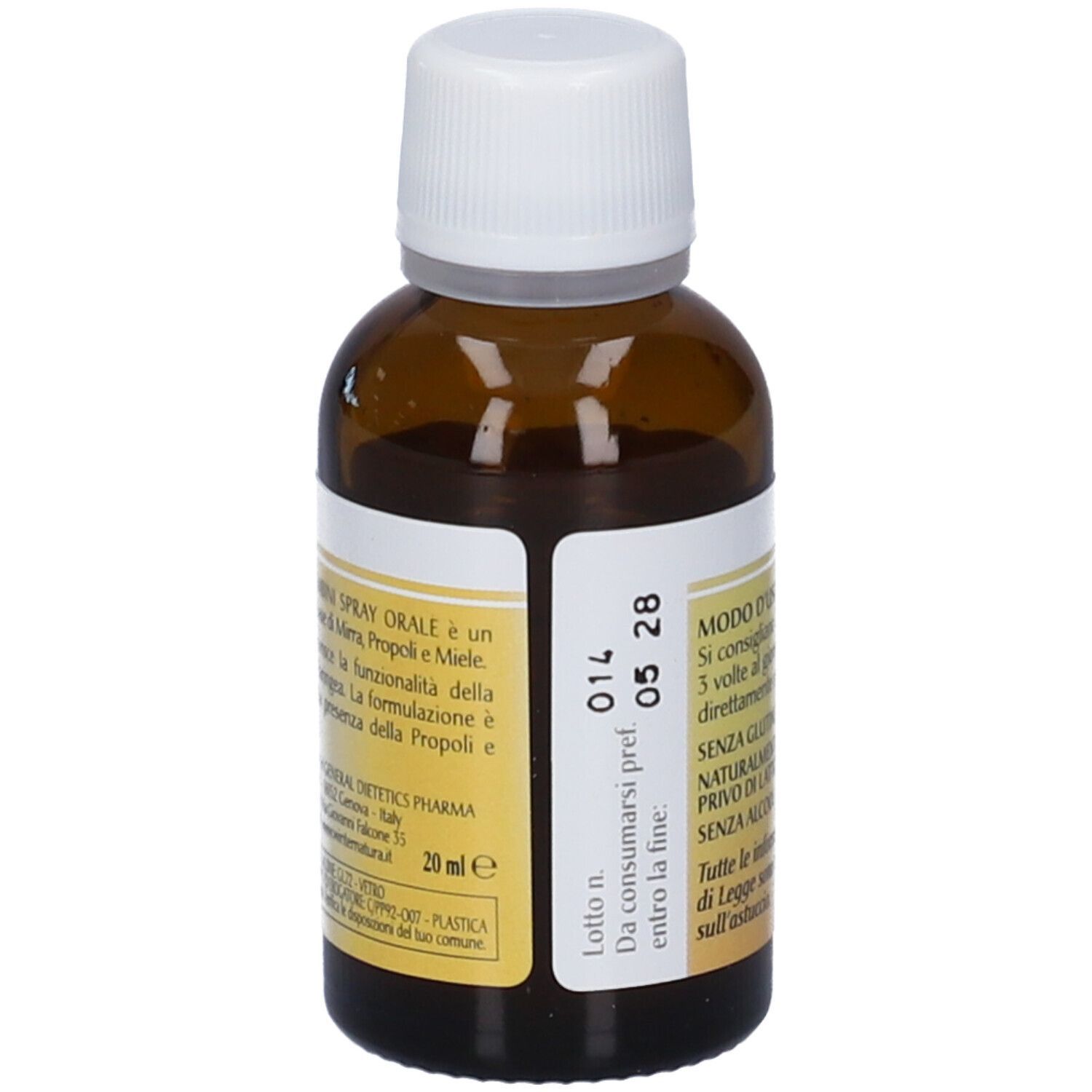 Flacone marrone con tappo bianco. Etichetta con testo. Informazioni su uso e ingredienti. Data di scadenza.