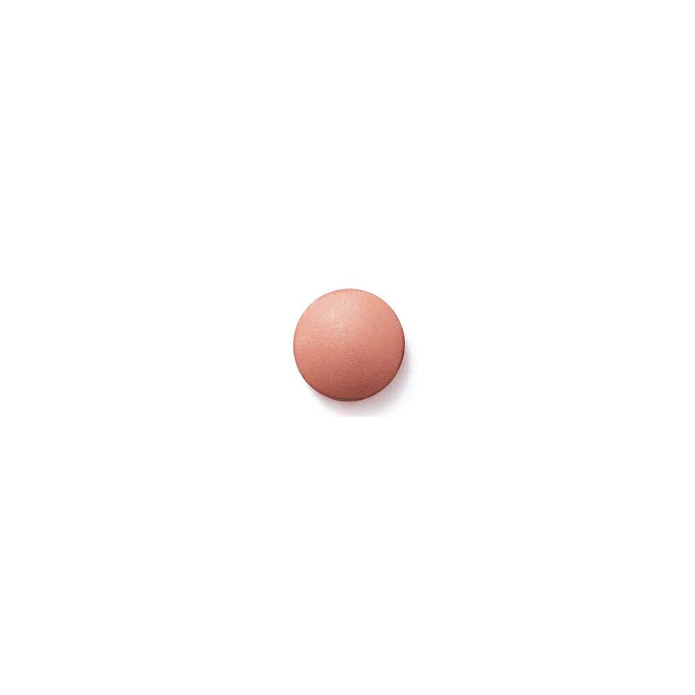 Cipria rosa rotonda su sfondo bianco.