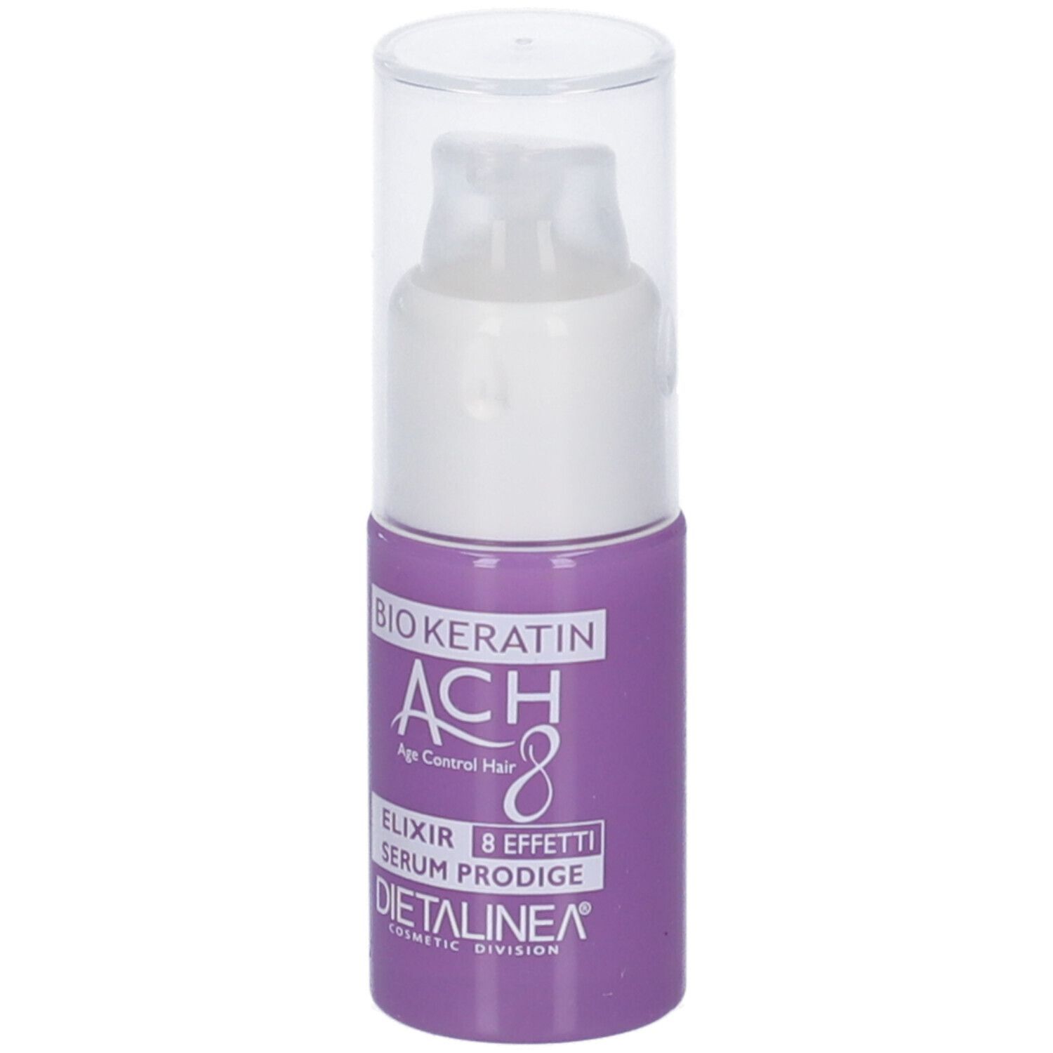 Flacone viola con erogatore bianco. Scritta: BIO KERATIN ACH8 Elixir Serum Prodige. Marchio: DIETALINEA.
