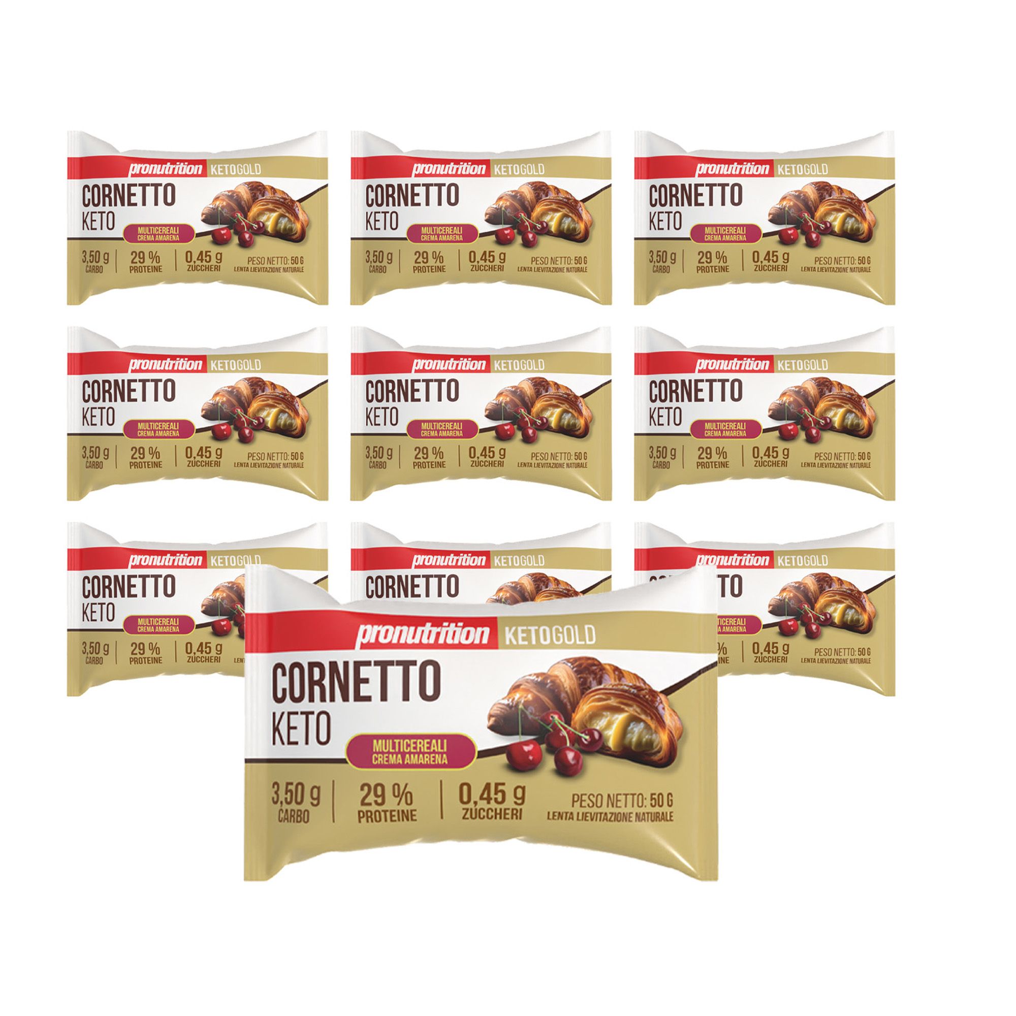 Pronutrition Cornetto keto - 10 pezzi 50 gr - Crema amarena - Senza zuccheri - Basso carboidrati