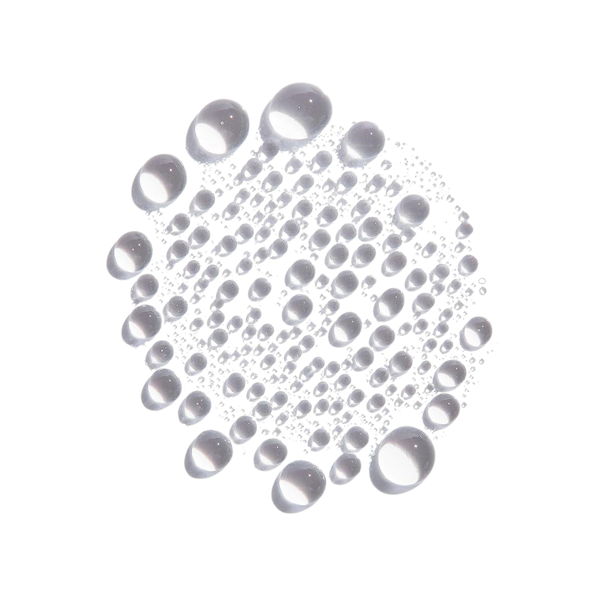 Disposizione circolare di gocce d'acqua. Gocce chiare e rotonde su sfondo bianco. Alcune gocce sono più grandi di altre.