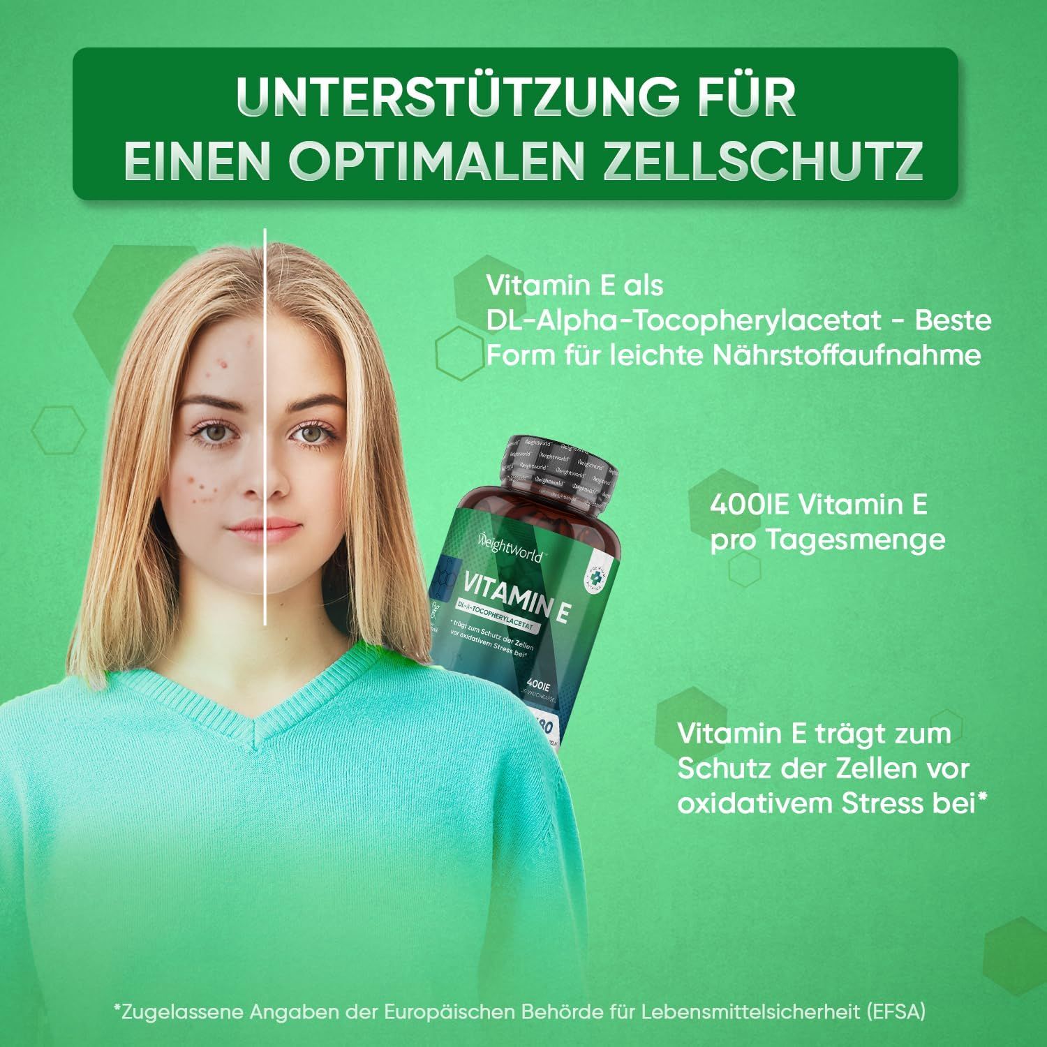 Pubblicità per la vitamina E. Donna con imperfezioni cutanee, accanto a un flacone di capsule di vitamina E. Testo: Supporto per una protezione cellulare ottimale.