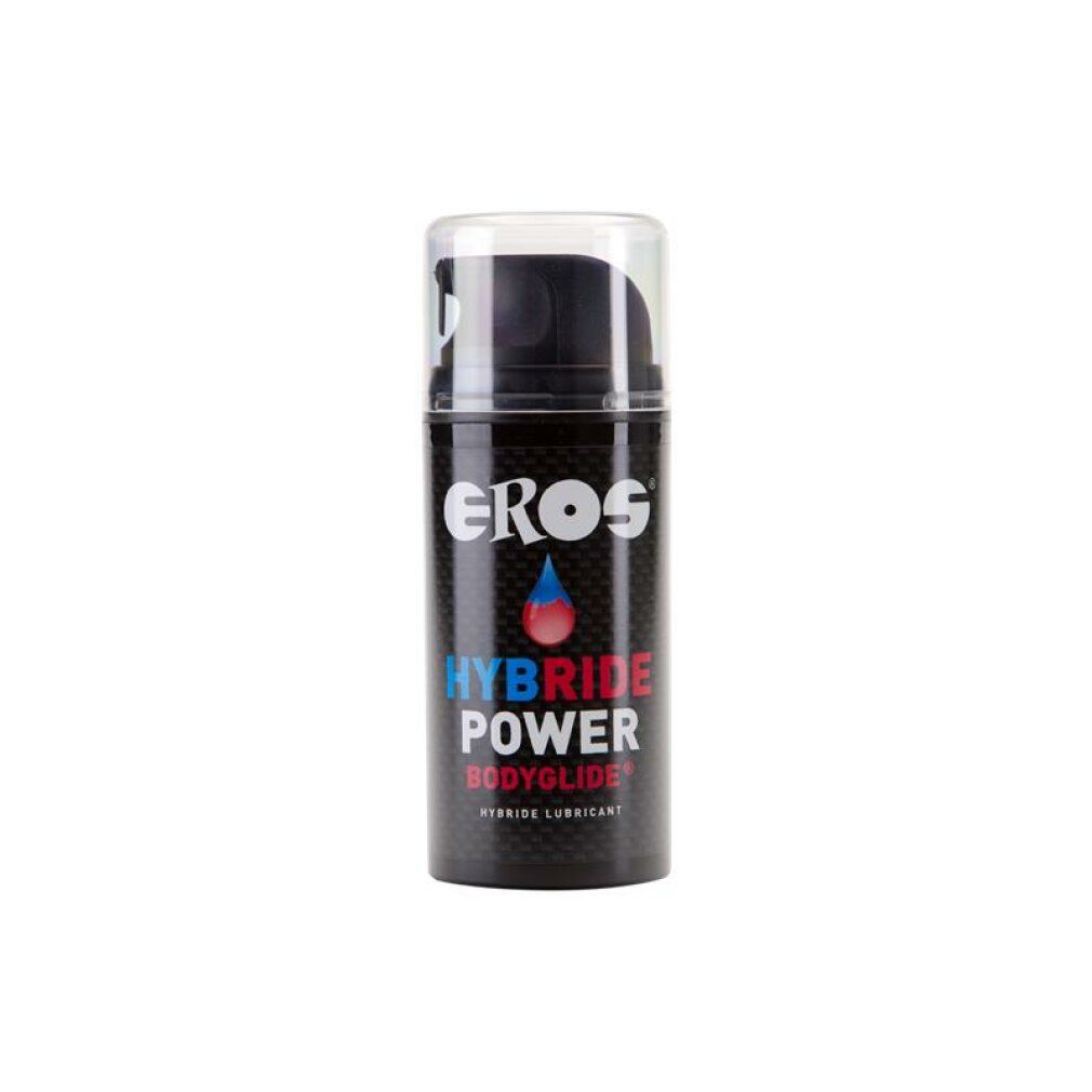 Flacone cilindrico nero effetto carbonio. Scritte "EROS", "HYBRIDE POWER BODYGLIDE". Tappo trasparente.