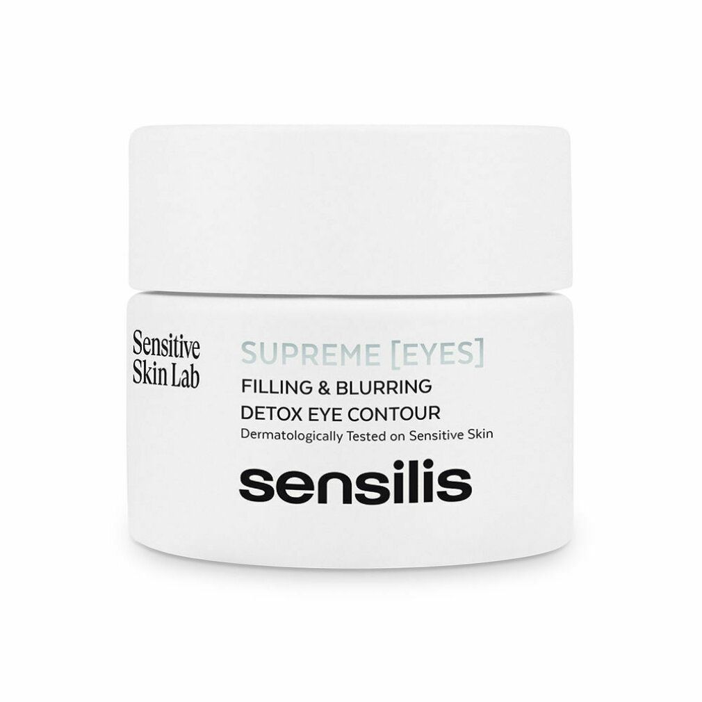 Vasetto bianco con coperchio. Sul vasetto c'è scritto Sensilis Supreme [EYES] Filling & Blurring Detox Eye Contour.