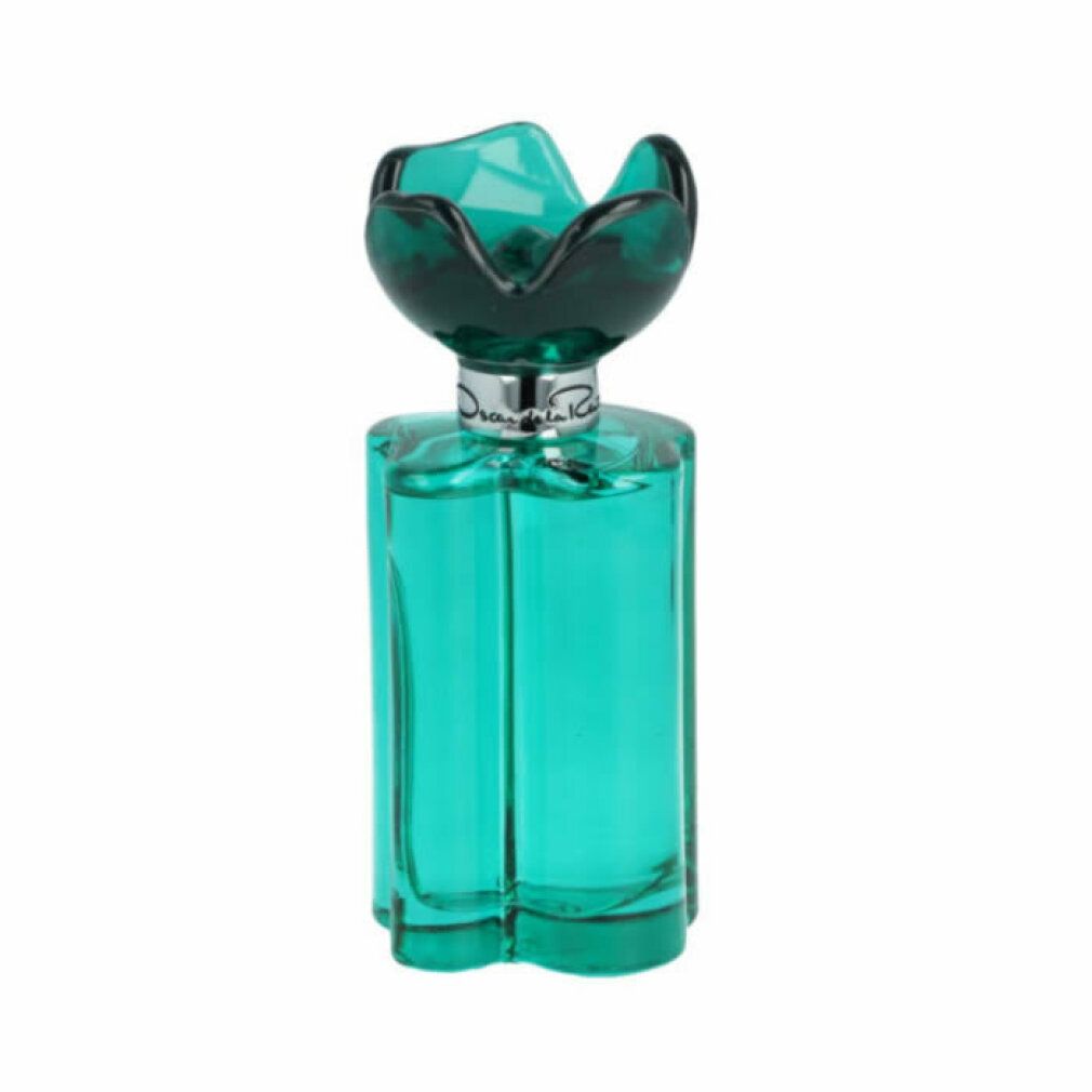 Profumo verde in flacone rettangolare con tappo a forma di fiore. Scritta: Oscar de la Renta. Flacone con collo argentato.