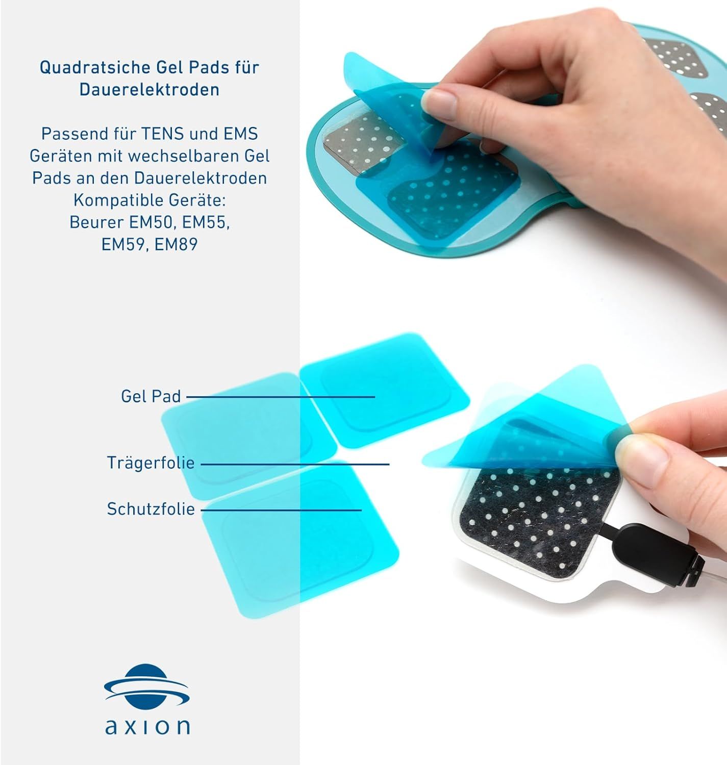 Gel pad quadrati. Pellicola protettiva blu. Logo axion. Per dispositivi TENS & EMS. Compatibili Beurer EM50, EM55, EM59, EM89.