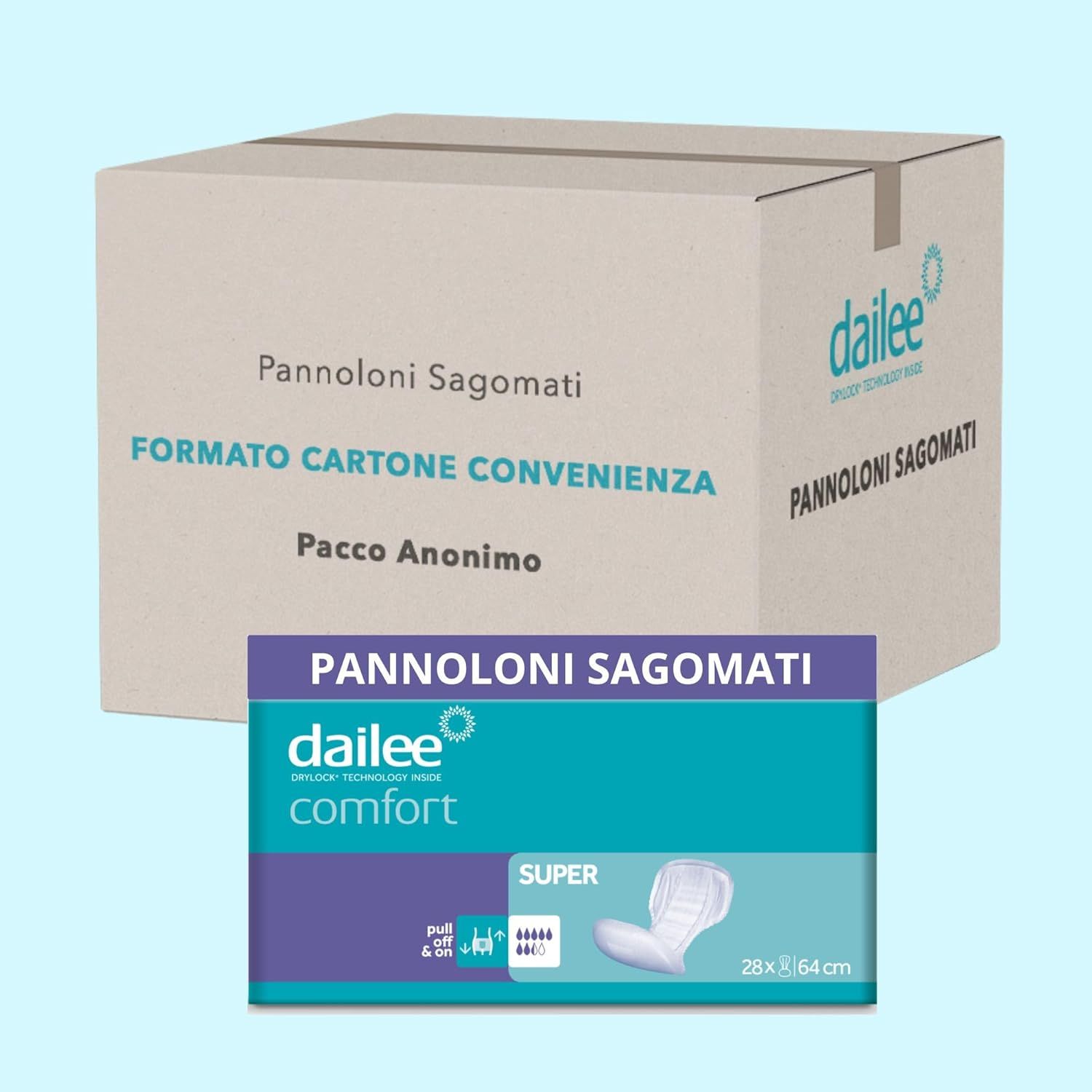 Dailee Comfort Super assorbenti in una scatola di spedizione aperta, 112 pezzi.