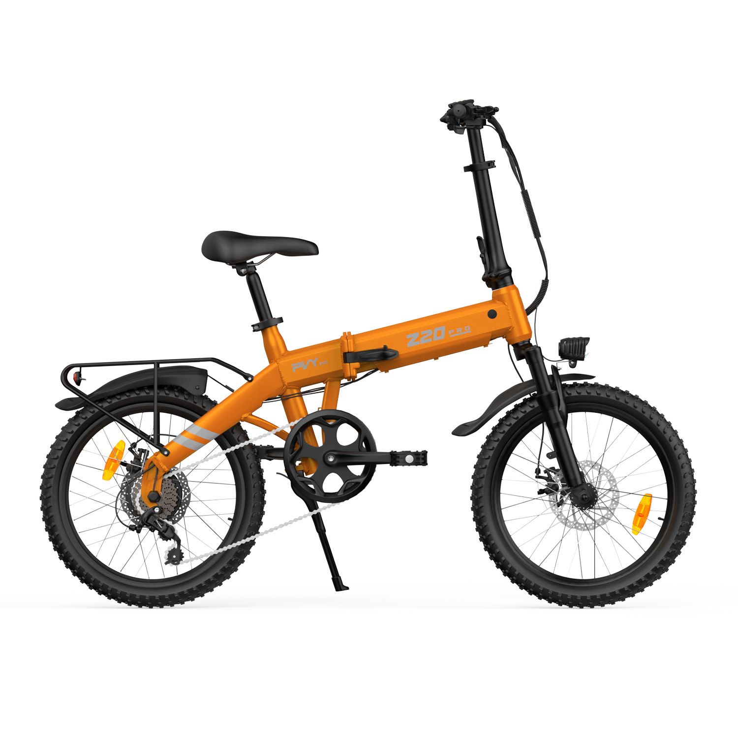 E-bike pieghevole arancione con telaio nero, portapacchi e faro. Scritta Z20 PRO EVO.
