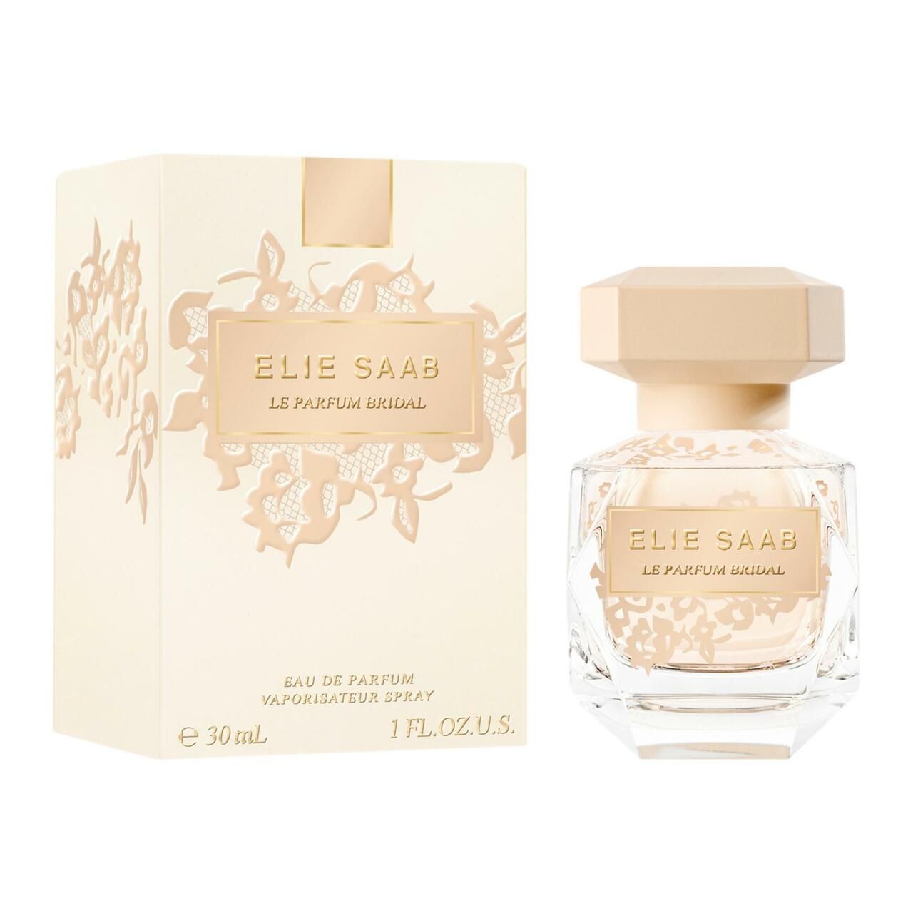 Flacone di profumo e scatola. Flacone con tappo ottagonale, scritta "ELIE SAAB LE PARFUM BRIDAL". Scatola con motivo floreale.