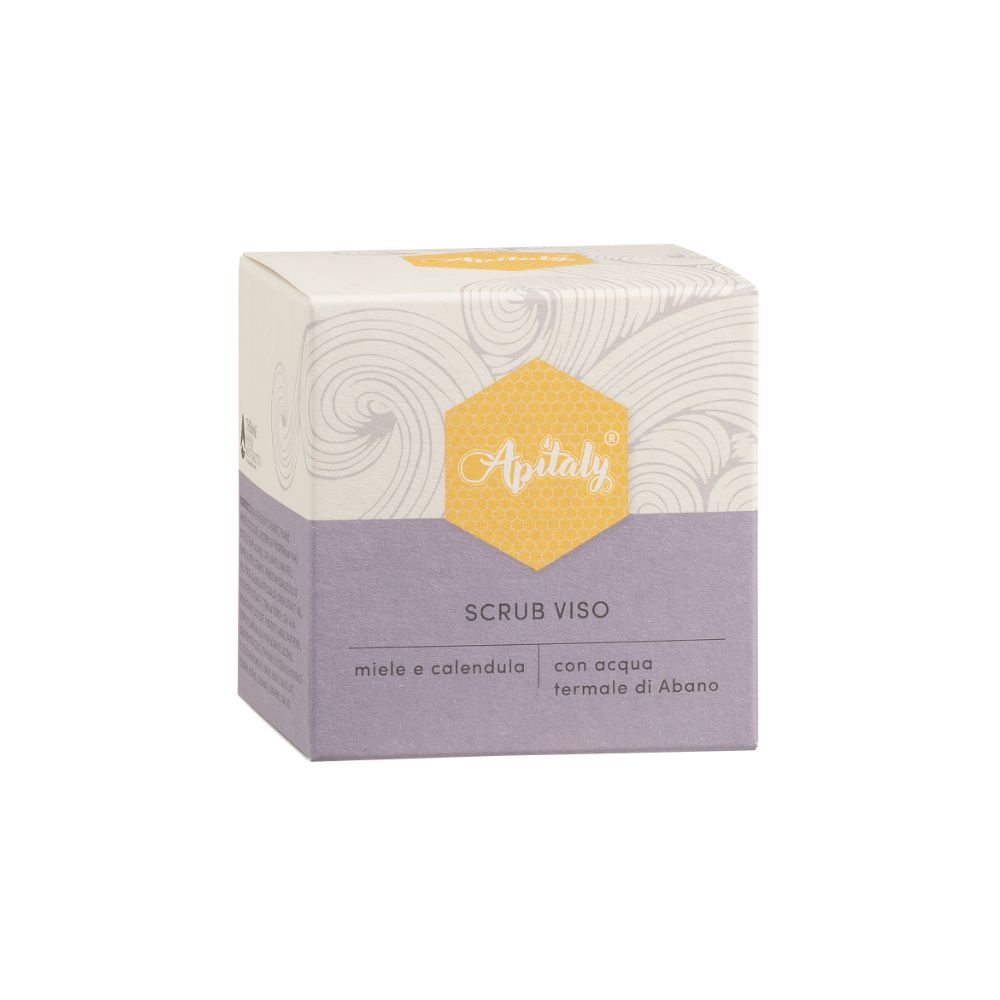 Confezione quadrata. Scritta: Apitaly, Scrub Viso, con acqua di Abano. Etichetta giallo-viola.