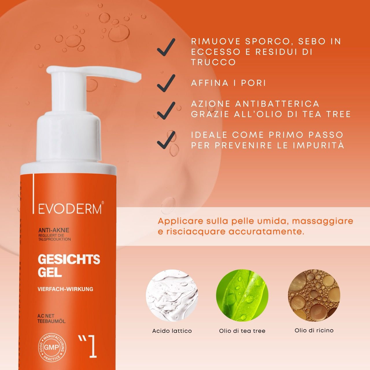 Tre prodotti: gel, tonico e siero. Donna sullo sfondo. Testo: Linea di cura anti-acne. Dermatologicamente testato.