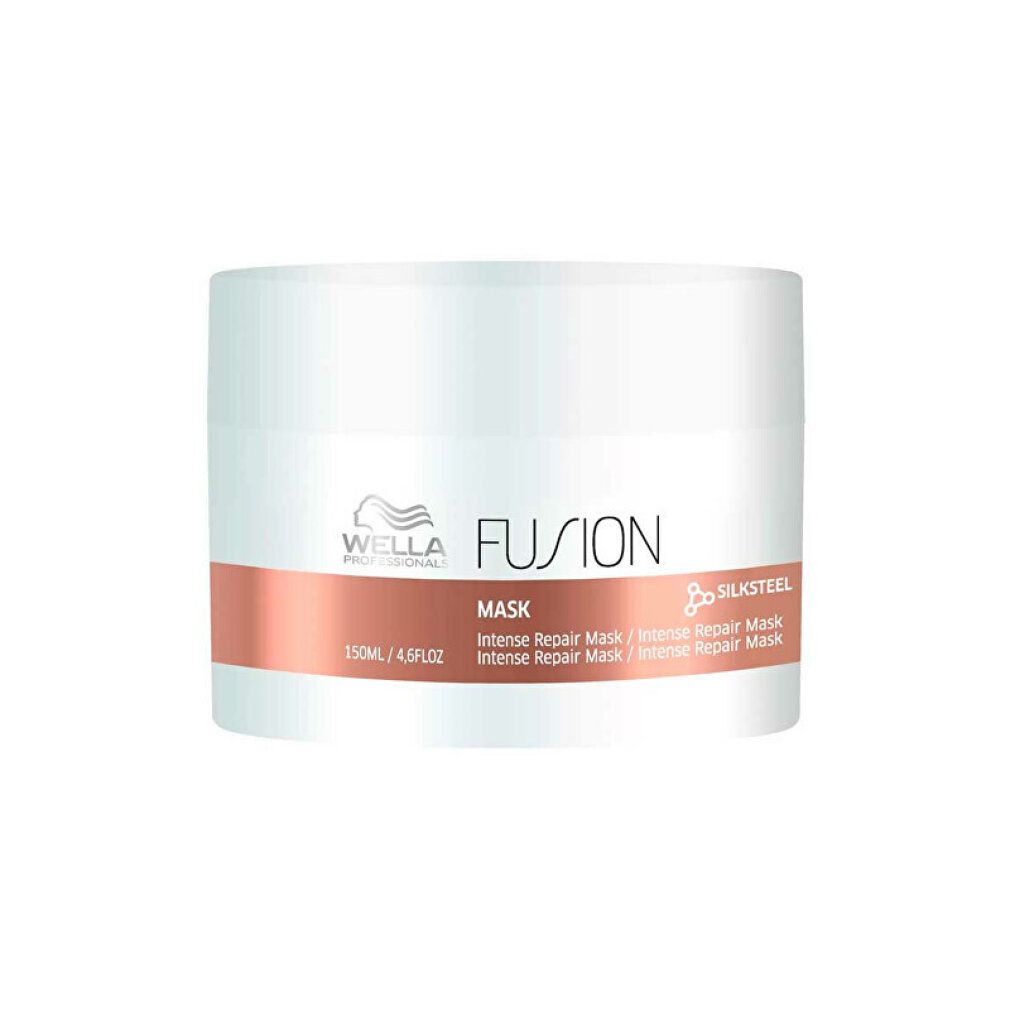Vaso bianco Wella Fusion Mask. Striscia bronzo con testo. « Silksteel ».