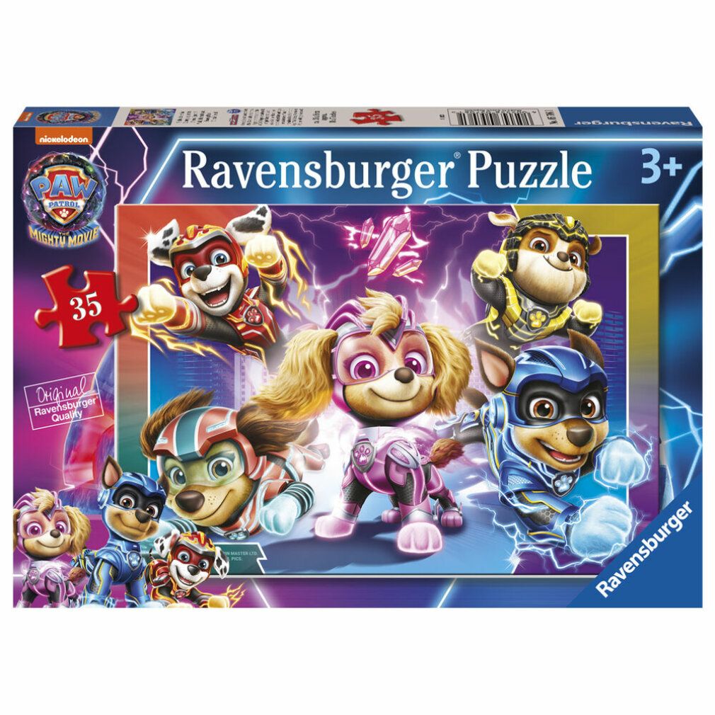 Scatola puzzle Paw Patrol. Contiene 35 pezzi. Marchio Ravensburger. Per bambini dai 3 anni. Immagine di cani in costume da supereroi.