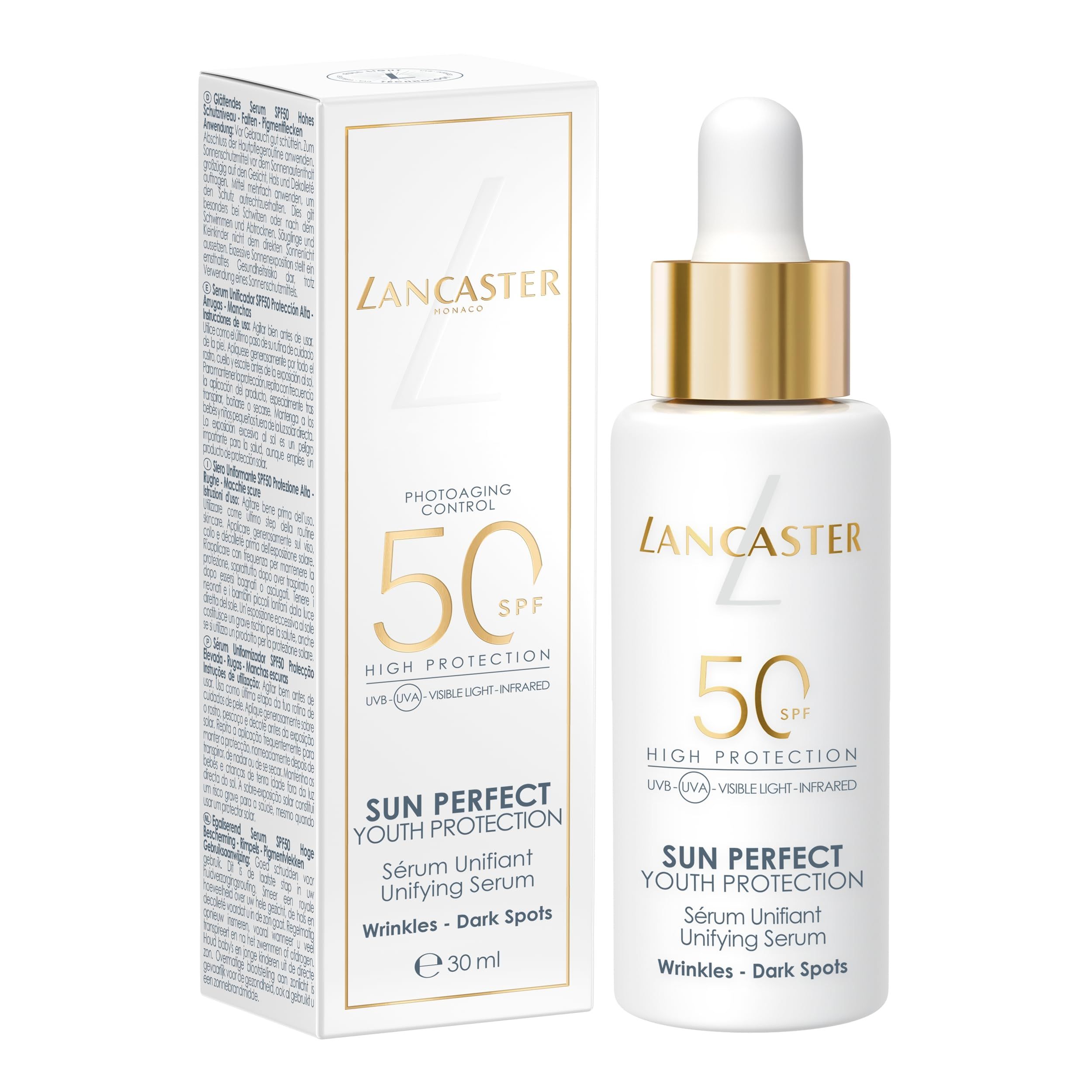 Flacone e confezione. Flacone bianco con tappo dorato e pipetta. Confezione con scritta: Lancaster, SPF 50, Sun Perfect.