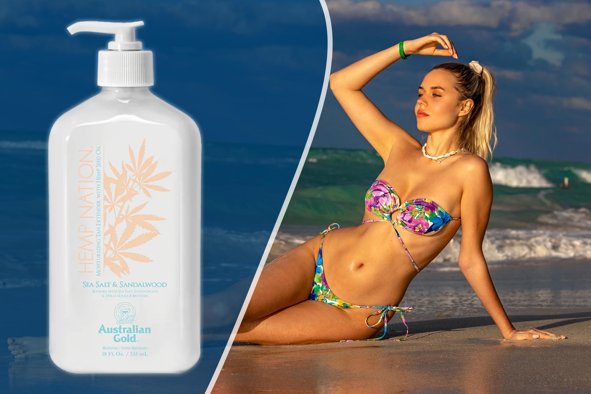 Flacone bianco con dosatore. Scritta: Sea Salt & Sandalwood. Logo: Australian Gold. Donna in bikini sulla spiaggia.