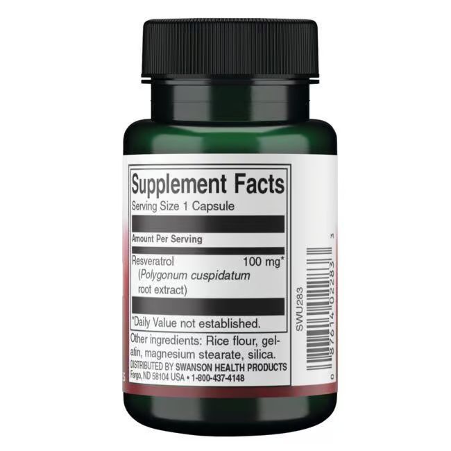 Retro di un flacone verde, tappo nero. Scritta: Supplement Facts. Resveratrolo 100 mg.