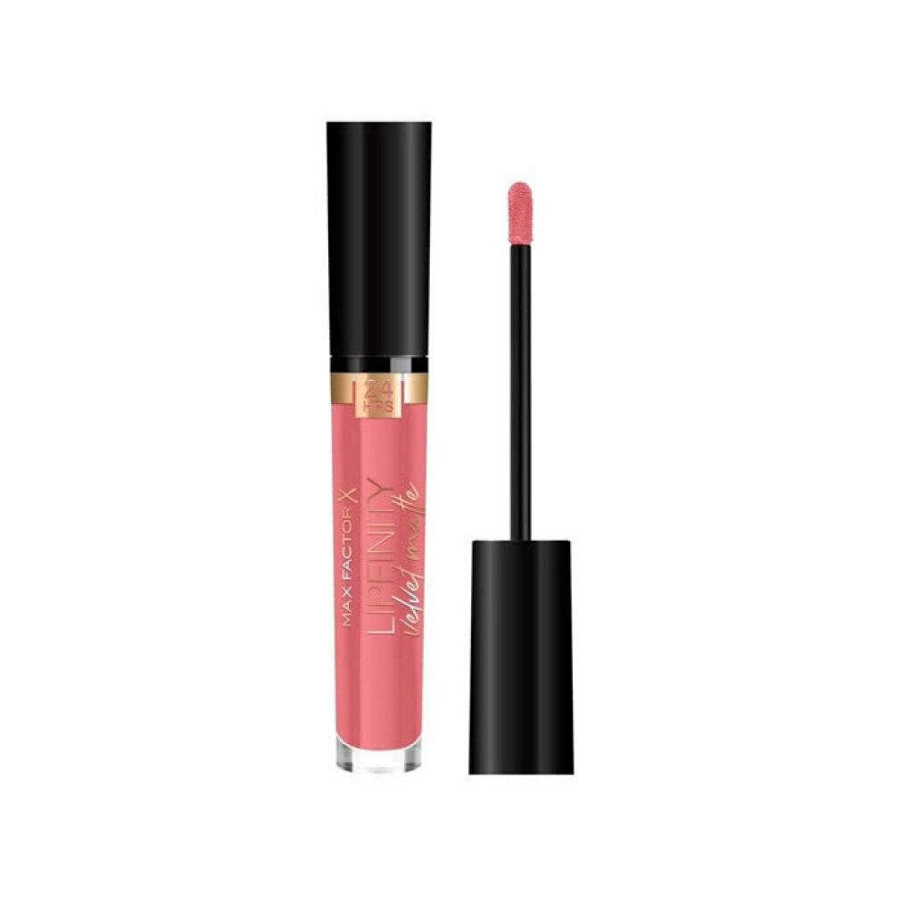Rossetto Max Factor Lipfinity Velvet Matte. Tonalità rosa, cappuccio e applicatore neri. Scritta: 24 HRS.