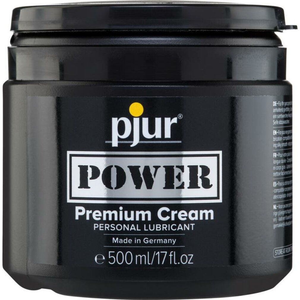 Vaso nero con coperchio. Scritta: pjur, POWER, Premium Cream, Personal Lubricant, Made in Germany, e 500 ml/17 fl.oz.