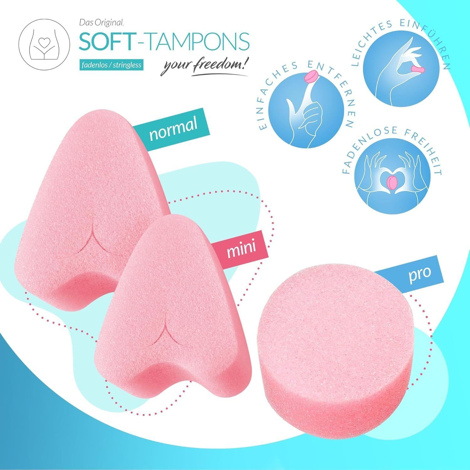 Tre tamponi rosa a forma di cuore, cono e disco. Il tampone "Mini" è a forma di cono.