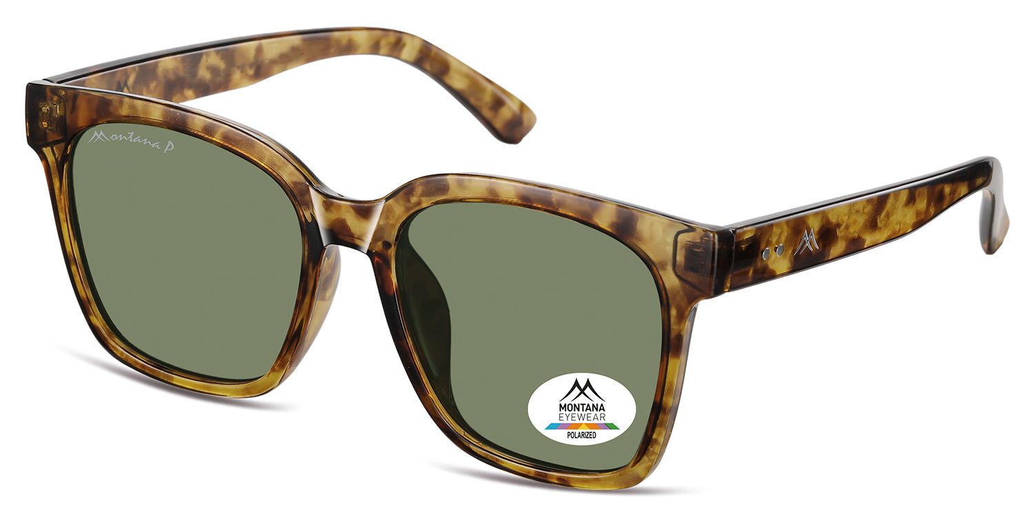 Occhiali da sole con montatura marrone e lenti verdi. Logo Montana Eyewear sull'asta e sulla lente. Polarizzati.